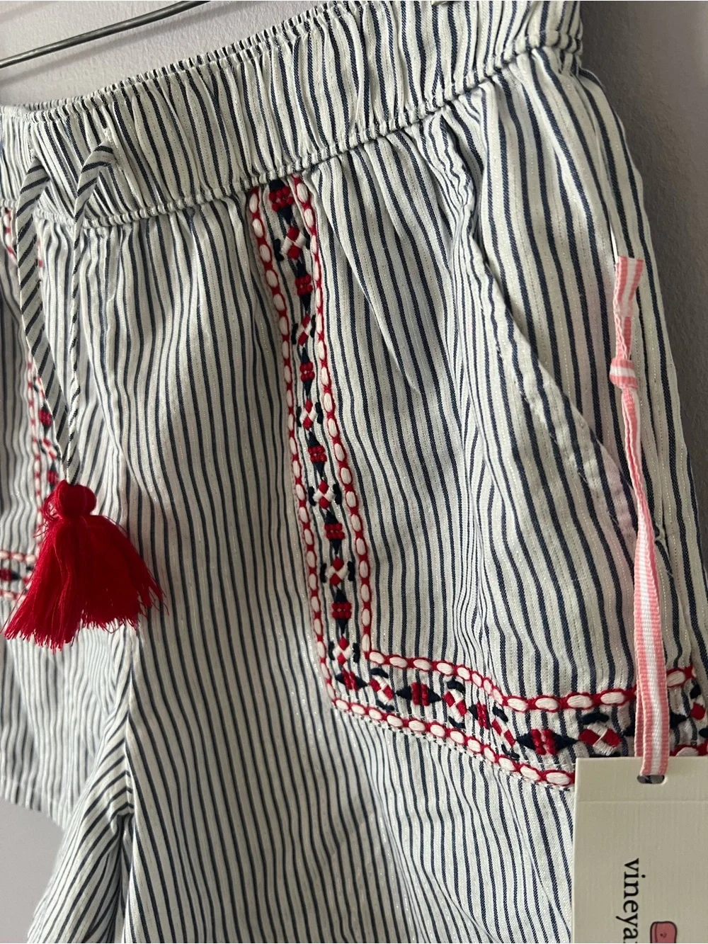 Vineyard Vines Navy & White Striped Kids Shorts with Red Tassel Accent